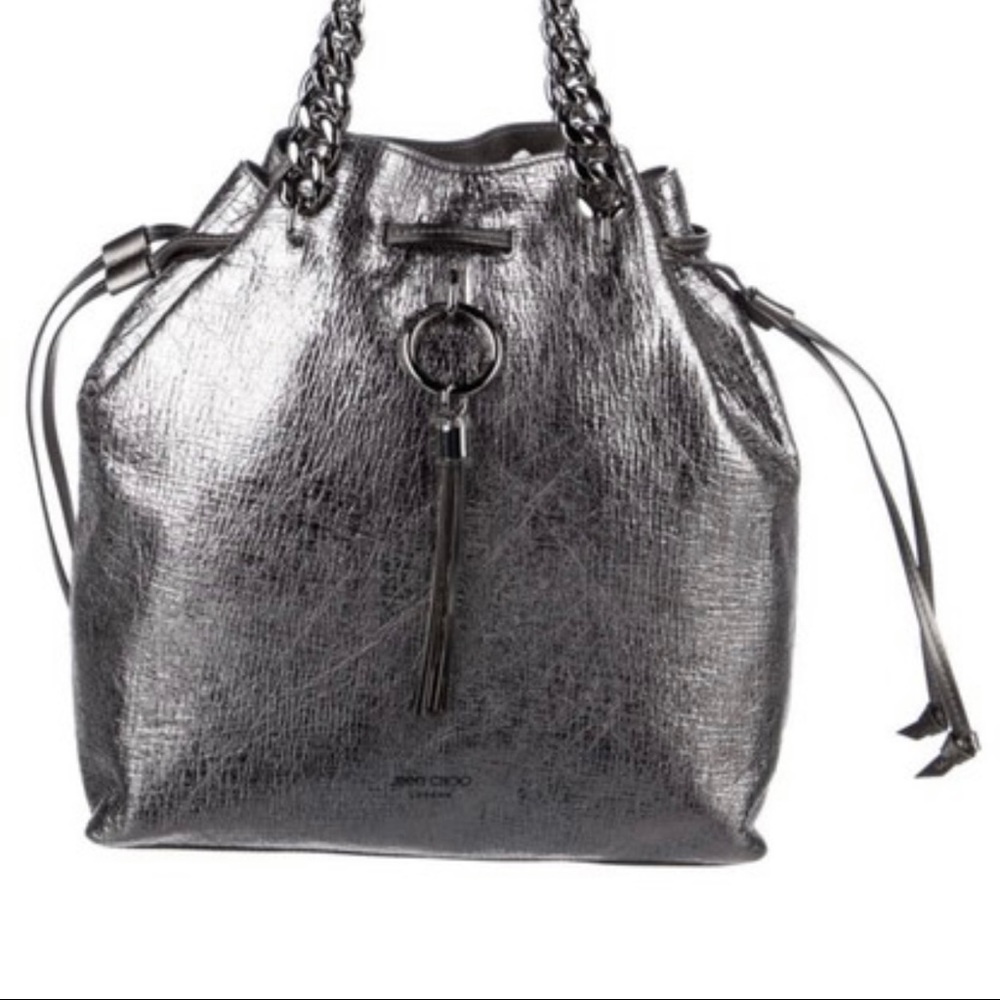 JIMMY CHOO CALLIE DRAWSTRING SOFT CRINKLED LEATHER METALLIC HOBO.